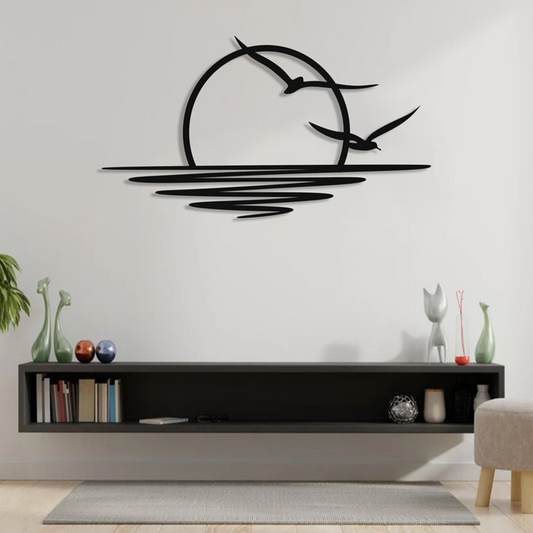 Flying Birds River Sunset Silhouette Metal Art Wall Decor