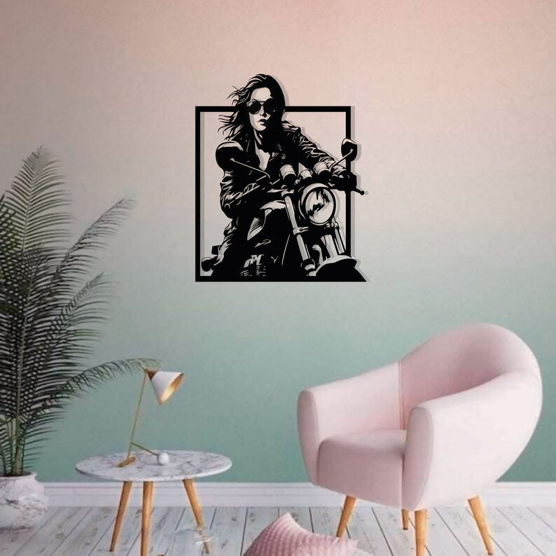 Modern Woman Biker Metal Wall Art for Interior Styling